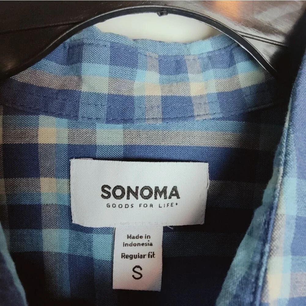 NWT Sonoma Boys' Blue Plaid Button Down Shirt, Size S